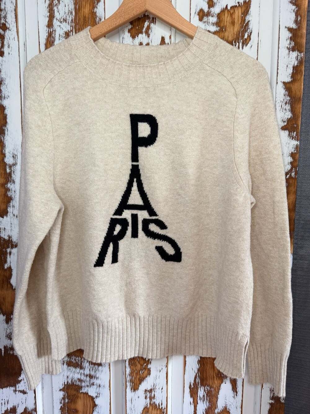 LOFT Paris Graphic Knit Long Sleeve Crewneck Sweater Beige Size L